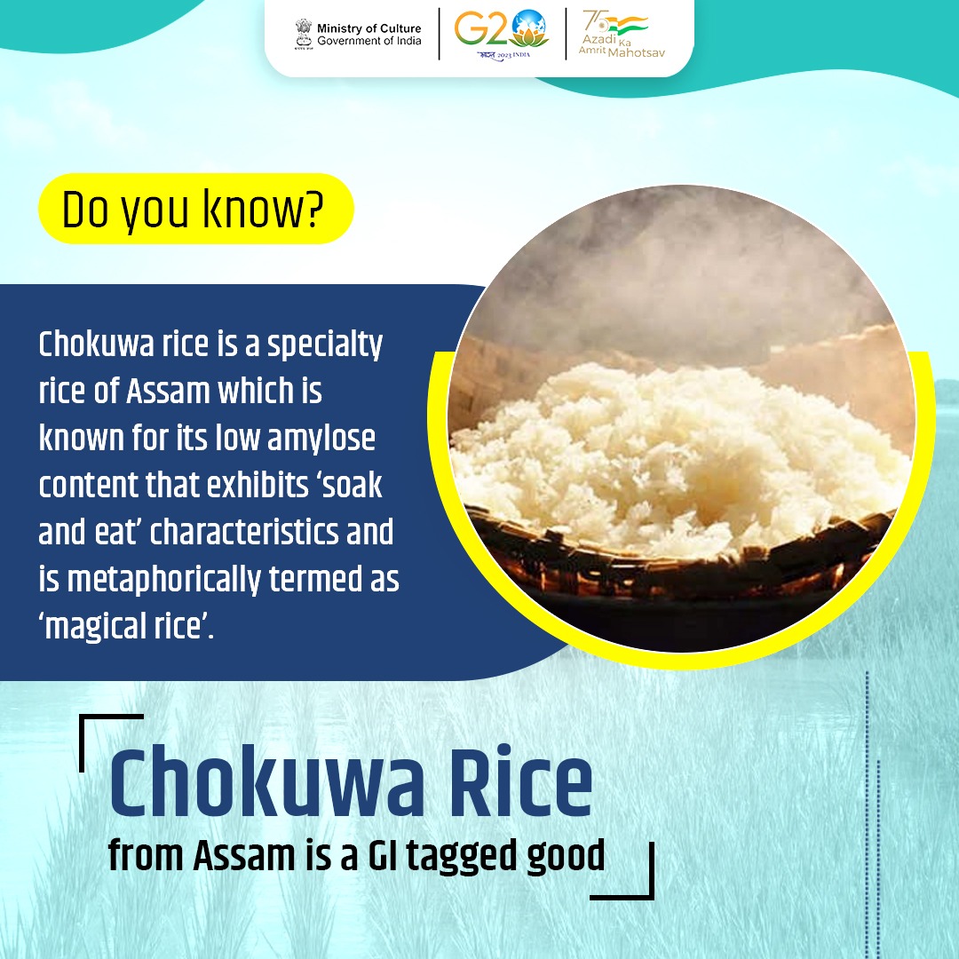 MinOfCultureGoI's tweet photo. From community feasts to festive gatherings, Chokuwa's versatility shines in Assam's culinary traditions. The most important feature of this rice is the parboiled Chokuwa rice that becomes soft by just soaking in water.
#AmritMahotsav #CultureUnitesAll #G20India #KnowYourGI https://t.co/gNyBALYE5J