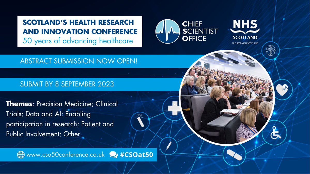 NHSResearchScot's tweet photo. Abstracts are being invited for each of Scotland’s Health Research and Innovation Conference main thematic areas. #CSOat50 
 
Read more about each area, and submit your abstract for oral or poster presentation👉 https://t.co/wiUnv8pQ4l https://t.co/VUTRtcObGI