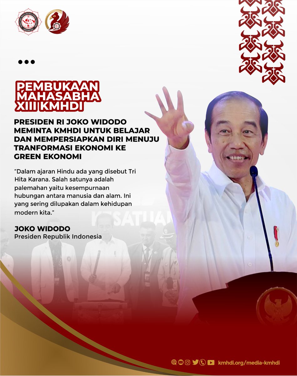 kmhdi's tweet photo. Pembukaan Mahasabha Presiden RI @jokowi meminta kader-kader KMHDI untuk belajar dan mempersiapkan diri menuju Tranformasi Ekonomi ke Green Ekonomi.

#KMHDI 
#MahasabhaXIIIKMHDI 
#SATAMEVAJAYATE https://t.co/fOc1mfgQI0