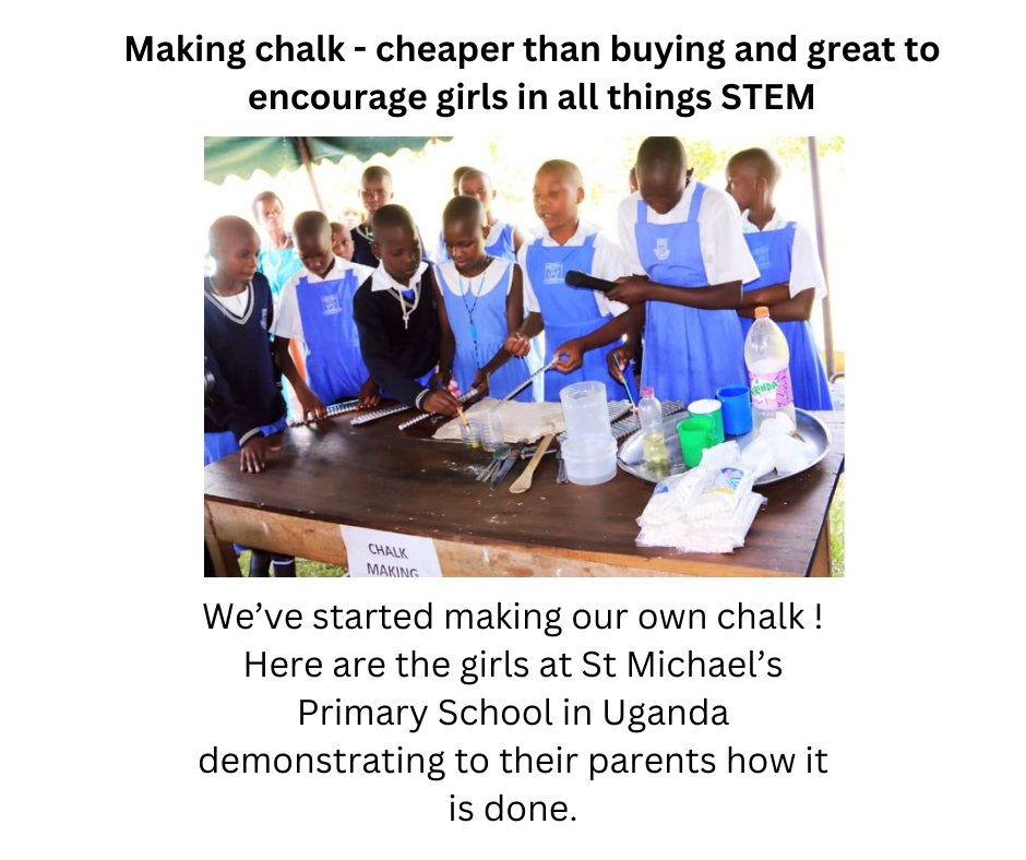 revsuganda's tweet photo. Making Chalk - cheaper than buying and great to encourage girls in all things STEM
We’ve started making our own chalk !
Here are the girls at St Michael’s Primary School in Uganda demonstrating to their parents how it is done. https://t.co/L0G2ueHyrh