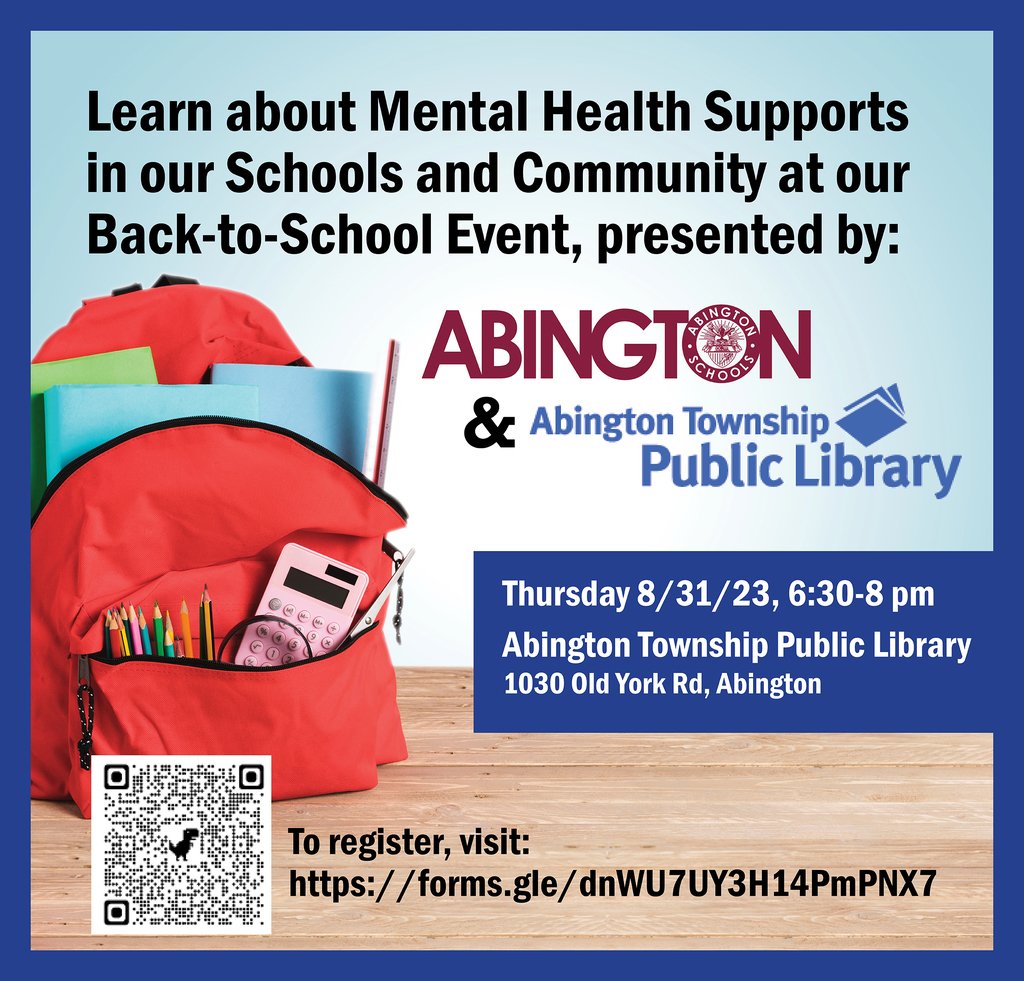AbingtonSenior's tweet photo. REMINDER: Tonight at the @abingtonlibrary! #Back2SchoolASD https://t.co/EhorL4uoMd