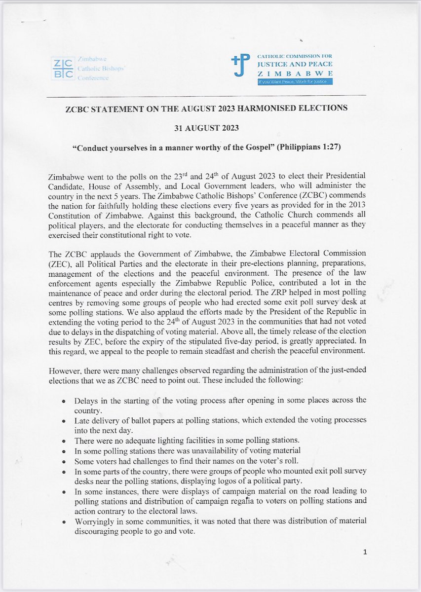 GuildCatholic's tweet image. Find below a statement that has been issued by the Zimbabwe Catholic Bishop’s Conference on the August 2023 Harmonised Elections. @Pontifex @ZECzim @zccinzim @DavidColtart @lenon_rwizi @ZLHRLawyers @HeraldZimbabwe @daddyhope