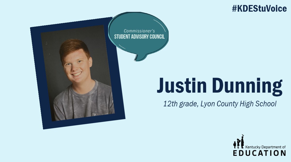 Say hello to Justin Dunning, a senior at Lyon County High School! 

Dunning is a returning member of the council, and he is excited to continue to be a voice for Western Kentucky students. #KDEStuVoice