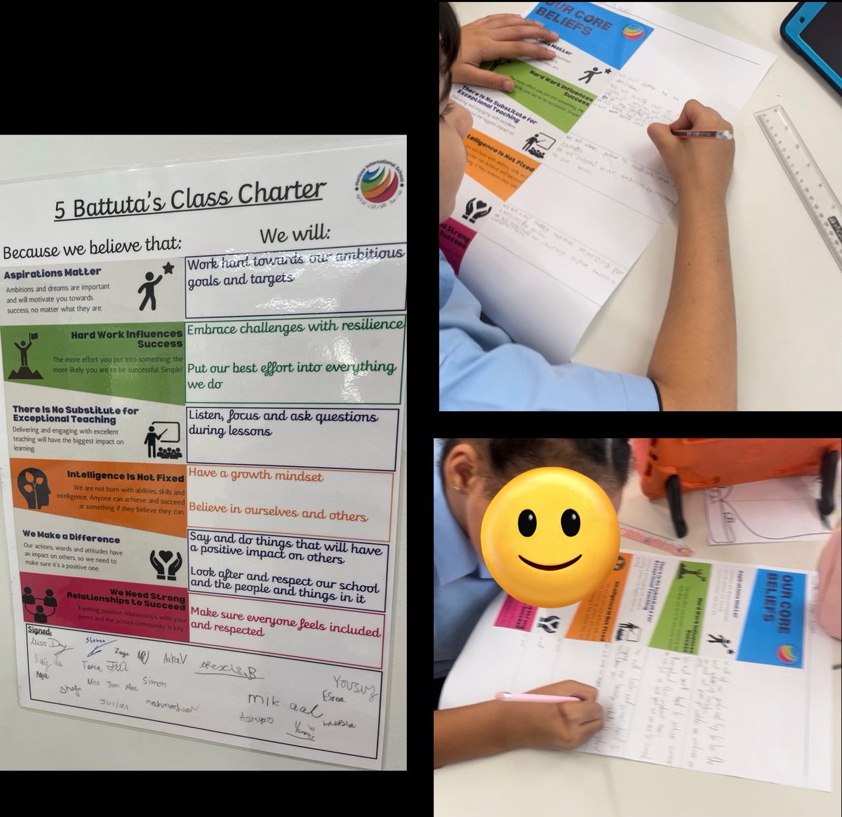This week we have been creating our class charter based on our @HISDubai Core Beliefs. At this point in time, everyone in 5 Battuta is in agreement and on board! #everyonecounts #everyonecontributes #everyonesucceeds