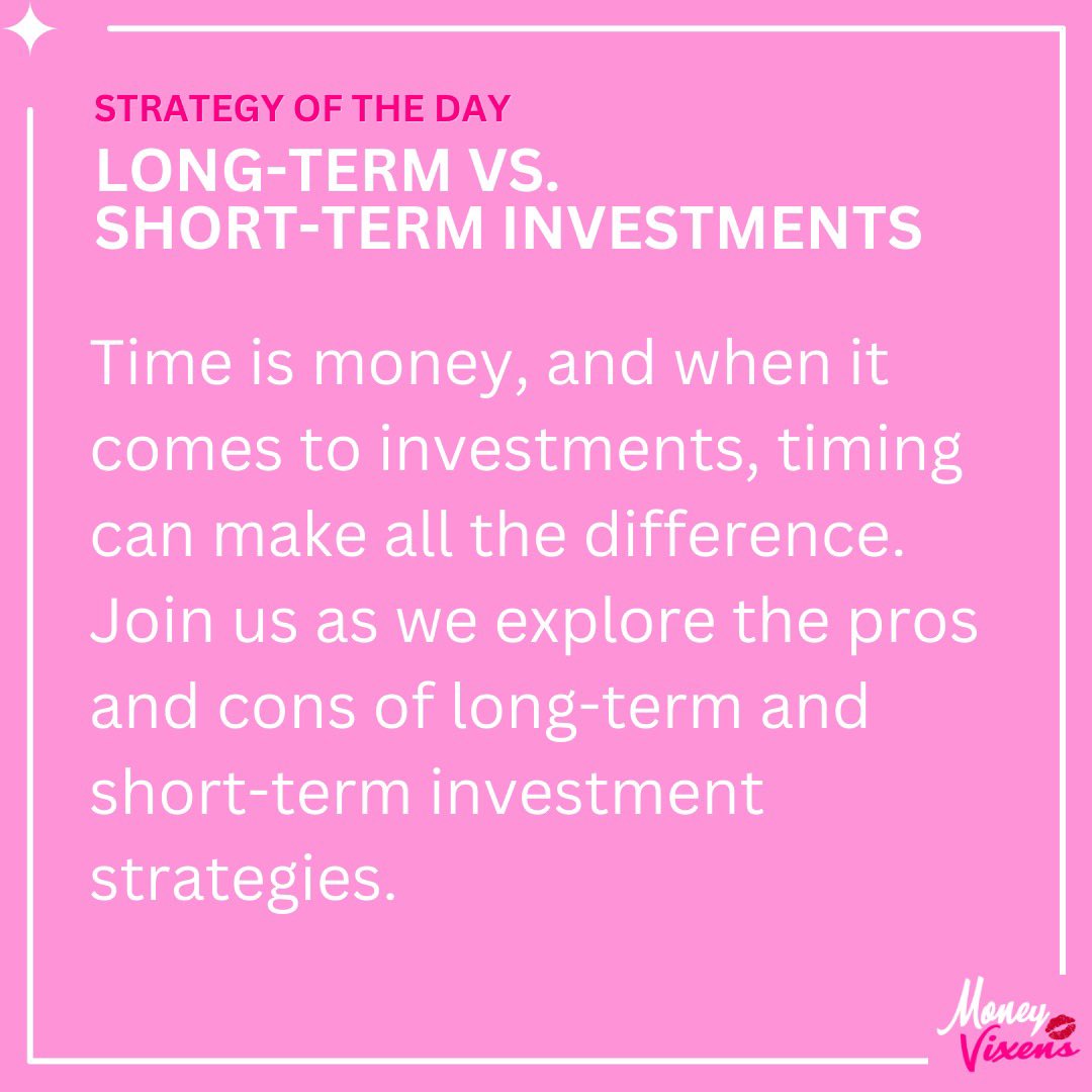 moneyvixens's tweet image. Time is money, and when it comes to investments, timing can make all the difference. 📆⏳ Join us as we explore the pros and cons of long-term and short-term investment strategies.

#InvestmentStrategies #LongTermVsShortTerm #SmartChoices