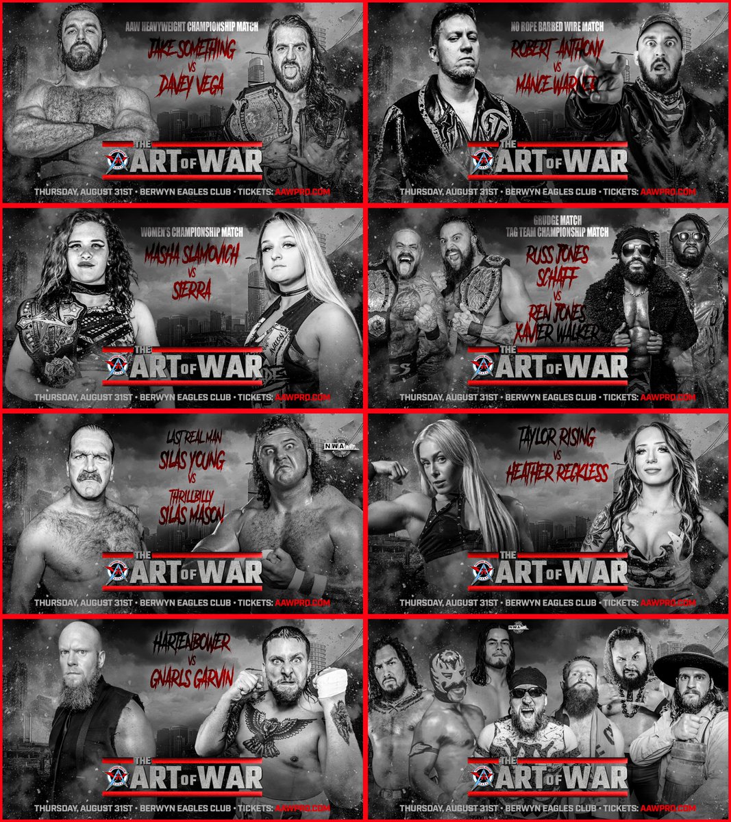TONIGHT!!! The Art of War 7:30pm Berwyn Eagles Club Berwyn, IL Tickets on sale at the door starting at 6:00pm or online at aawpro.ticketleap.com LIVE on @HighspotsWN #AAWisWar #AAW #Chicago #AEW #AllOut #ProWrestling
