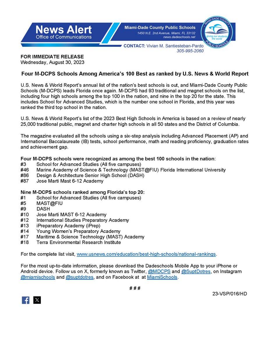 Four @MDCPS Schools Among America’s 100 Best as ranked by U.S. News & World Report. #YourBestChoiceMDCPS news.dadeschools.net/cmnc/new/33831