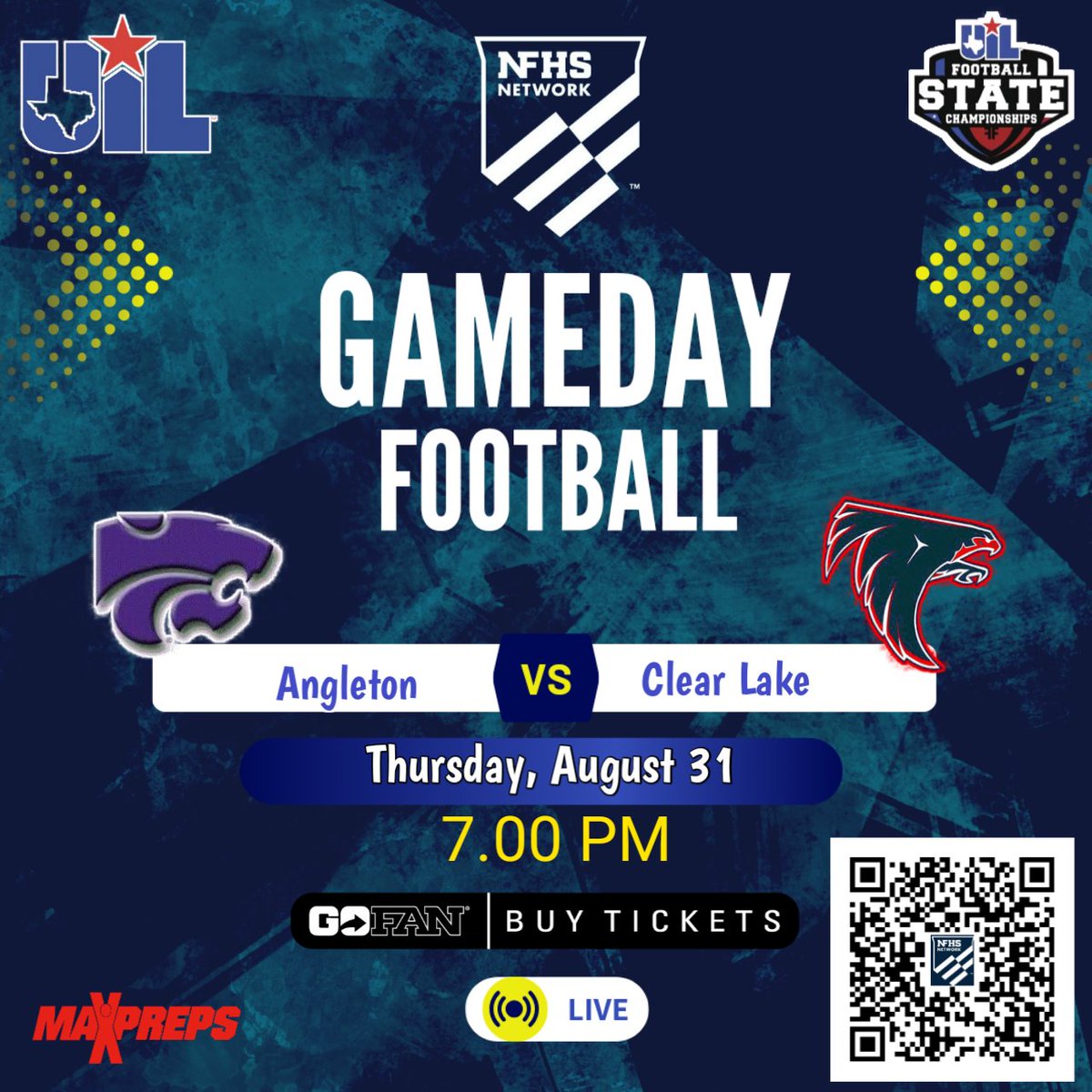 🏆UIL TEXAS FOOTBALL 
🏈 Angleton vs Clear Lake
📽️ Live Streaming - bit.ly/3Pj9Dd3
📅Thursday, August 31 @ 7p.
<a href="/AngletonHS/">Angleton High School</a> <a href="/PurpleReignFB/">Angleton Wildcats Football</a> @KariyenG <a href="/AngletonISD/">Angleton ISD</a> <a href="/CoachJBrittain/">Jason Brittain</a> <a href="/jadenn_allison/">Jaden Allison🔝</a> <a href="/MyalekWoods/">Myalek Woods</a> <a href="/recruitsergio1/">Sergio Jackson</a> <a href="/grear2023/">Aaron Grear</a> <a href="/jaden_pettway/">Jaden Pettway</a> <a href="/IvanGonzalez_59/">Ivan Gonzalez</a>
