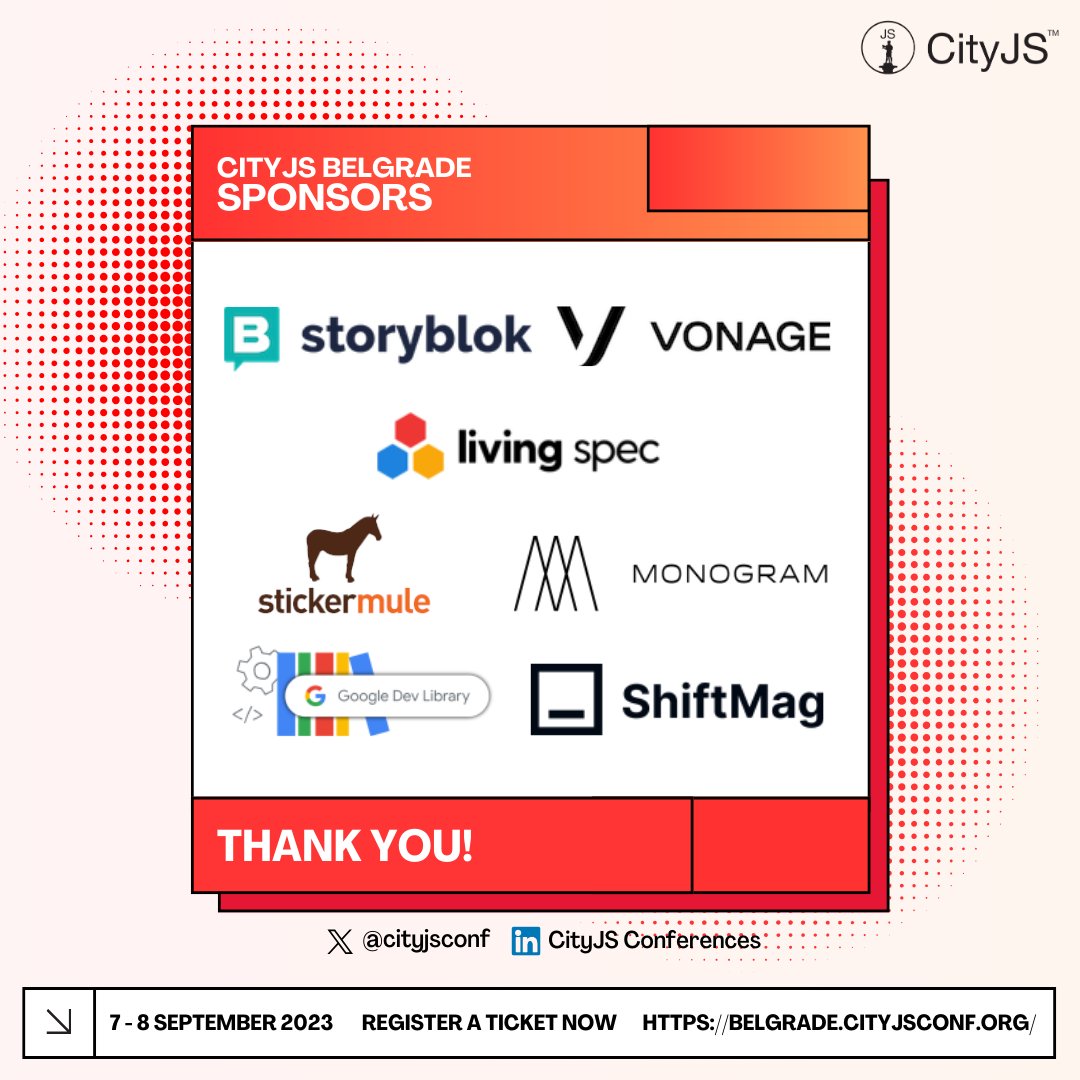 cityjsconf's tweet image. Huge shoutout to our incredible sponsors for making CityJS Belgrade 2023 possible!👏
Limited spots available, secure yours now: belgrade.cityjsconf.org
#JavaScriptConference #BelgradeTech @storyblok @Vonage @living_spec @stickermule @madebymonogram @googledevs @InfobipShift