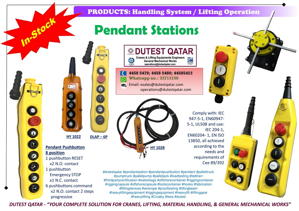 IN STOCK: PENDANT STATIONS. Call or 'whatsapp' us at 3371 3150. #dutestqatar #pendantstation #pendantpushbutton #pendant #pallettruck #pumptruck #palletpump #palletjack #loadtesting #liebherr #thirdpartycertification #waterbags #offshorecontainer dutestqatar.com