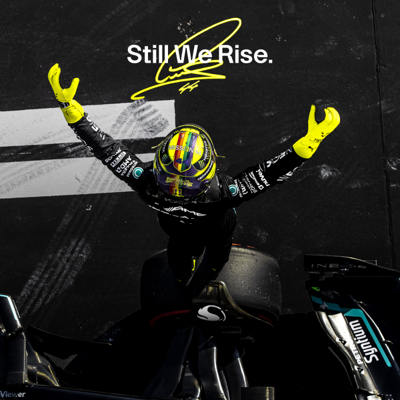 MercedesAMGF1's tweet photo. Still. We. Rise. ✊ Lewis will continue his historic relationship with the Team! 🤩