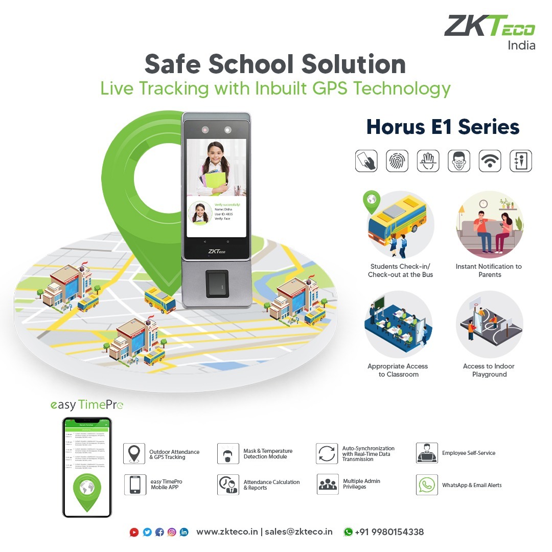 every step of the way from onboarding bus to leaving from the #school.

More info @ zkteco.in/solution

#ZKTeco #Students #Safeschool #LiveTracking #Biometrics #AccessControl #EntranceControl #TimeAttendance #StaySafe #Biometricsystem #TimeAttendanceSystem #Accesscontrol