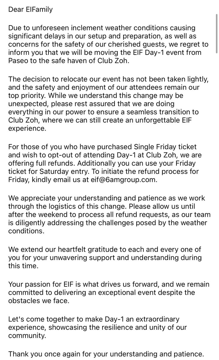 HitRadio100Guam's tweet photo. ‼️IMPORTANT‼️ 
EIF Day 1 Venue Change! ⛈️ 
From Paseo ➡️ to Club Zoh in Tumon! 

Please read the statement from @eifestival below and share this to get the word out! 🙏🏾 

#stilldancing #EIFYEARX #eifguam #electricislandfestival #EIF2023 https://t.co/I9X3wyPQbj