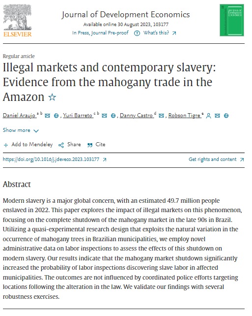 My paper with @daniel_araujoec @RobsonT_ <a href="/tweetsdodanny/">O Danny</a> is finally out in the Journal of Development Economics! We discuss the impacts of Illegal markets and illegal deforestation on contemporary slavery. Follow the thread to know more about the paper 🧵1/n