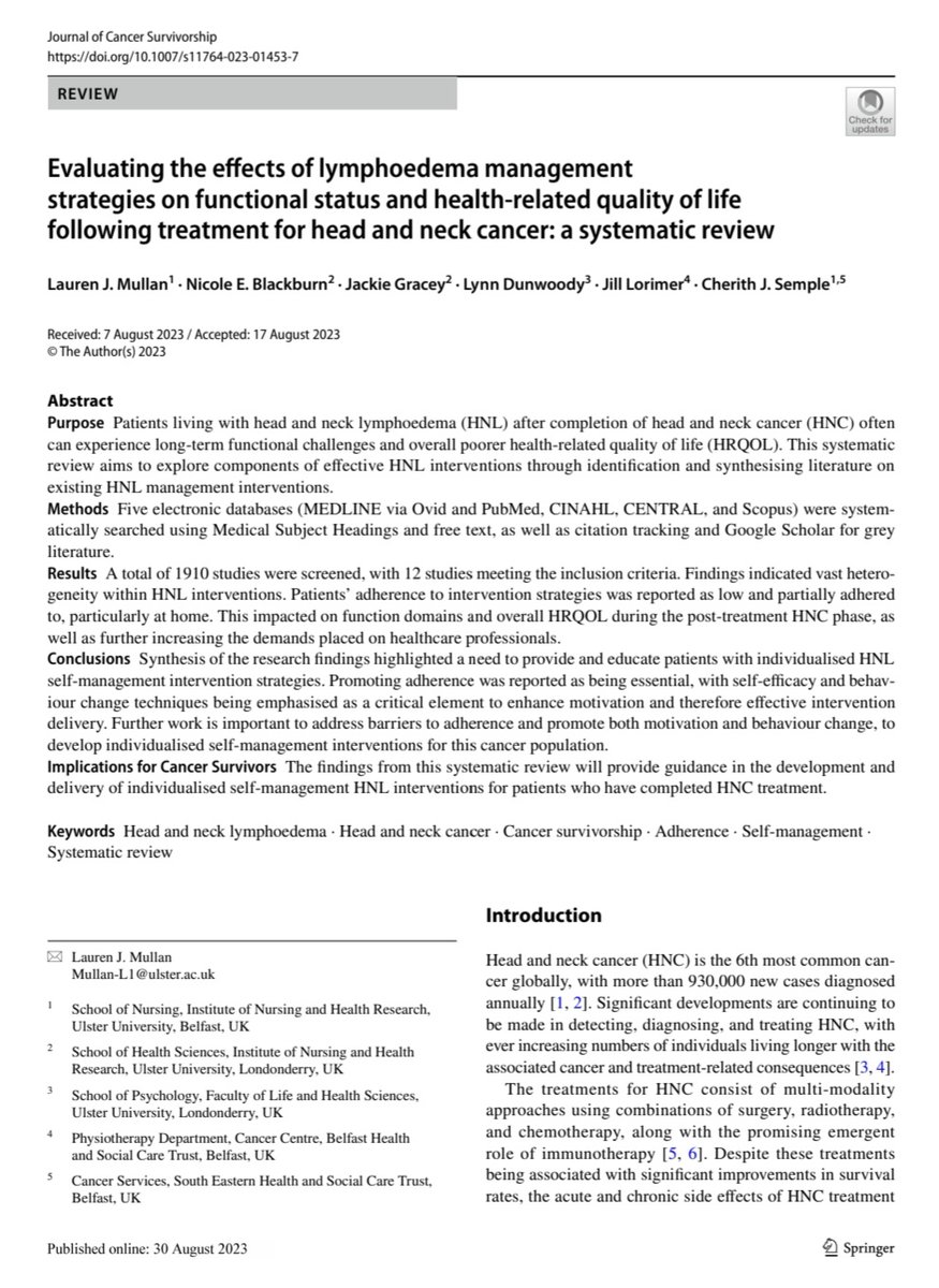Cancer_Care_UU (@cancer_care_uu) on Twitter photo 👏🏾 to PhD student <a href="/LaurenMullan4/">Lauren Mullan</a> and supervisory team on successful publication of a systematic review in Journal of Cancer Survivorship on lymphoedema management strategies on functional status and #HRQoL following treatment for HMC
Available at:doi.org/10.1007/s11764… 👏🏾 to PhD student <a href="/LaurenMullan4/">Lauren Mullan</a> and supervisory team on successful publication of a systematic review in Journal of Cancer Survivorship on lymphoedema management strategies on functional status and #HRQoL following treatment for HMC
Available at:doi.org/10.1007/s11764…