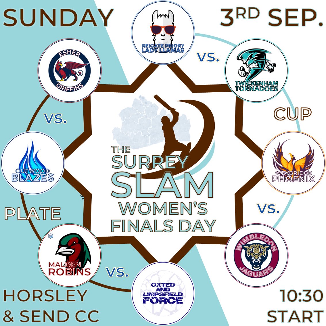 WOMEN’S FINALS DAY

The #SurreySlam concludes this Sunday at <a href="/HorsleyCC/">Horsley and Send CC</a> with the Women’s Finals’ Day.

There’ll be a new name on both sets of silverware.

Play gets underway at 10:30 and all are welcome to see 8 teams, 6 matches &amp; 2 trophies in this showpiece finale 🏏💥