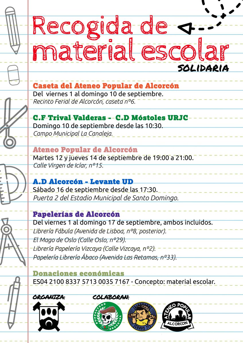 AlKadirAntifa's tweet photo. [RECOGIDA SOLIDARIA DE MATERIAL ESCOLAR]

España tiene la vuelta al cole más cara de Europa y ante esta situación, la juventud combativa alcorconera no pensamos quedarnos de brazos cruzados.

Ponemos en marcha esta campaña para ayudar a las familias más vulnerables de Alcorcón. https://t.co/zTHcD8SCrq