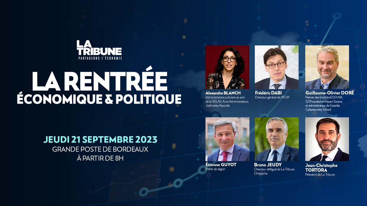 LaTribuneBdx's tweet photo. Jeudi 21 septembre, La Tribune fait sa Rentrée économique et politique à #Bordeaux !

Avec des acteurs clés de l'écosystème, nous analyserons la conjoncture économique régionale, la dynamique de financement des startups et la santé chancelante du vignoble bordelais, confronté à une crise inédite.

Inscription ici : https://t.co/i6TEKCFqaq
