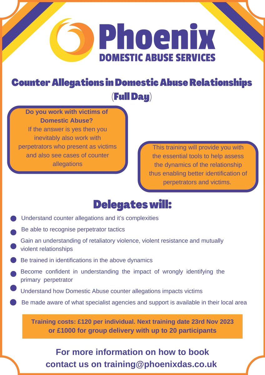 PhoenixDAS_UK's tweet photo. Do you work with victims of Domestic Abuse?

This one day training is designed for all front line workers and will provide you with the essential tools to help assess the dynamics of the relationship thus enabling better identification of perpetrators and victims. https://t.co/CNezPy1pqI