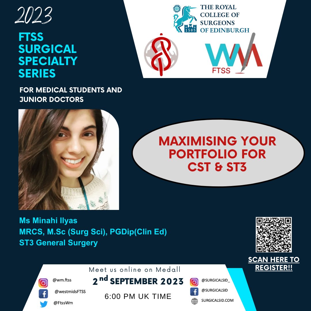 RCSEd's tweet photo. Join West Midlands FTSS for the 6th FTSS Surgical speciality session! This session will have an exclusive focus on maximising your portfolio for the surgical training application.

Learn more and register here: https://t.co/QxQW7zdIWO https://t.co/vT0L6F8AeL