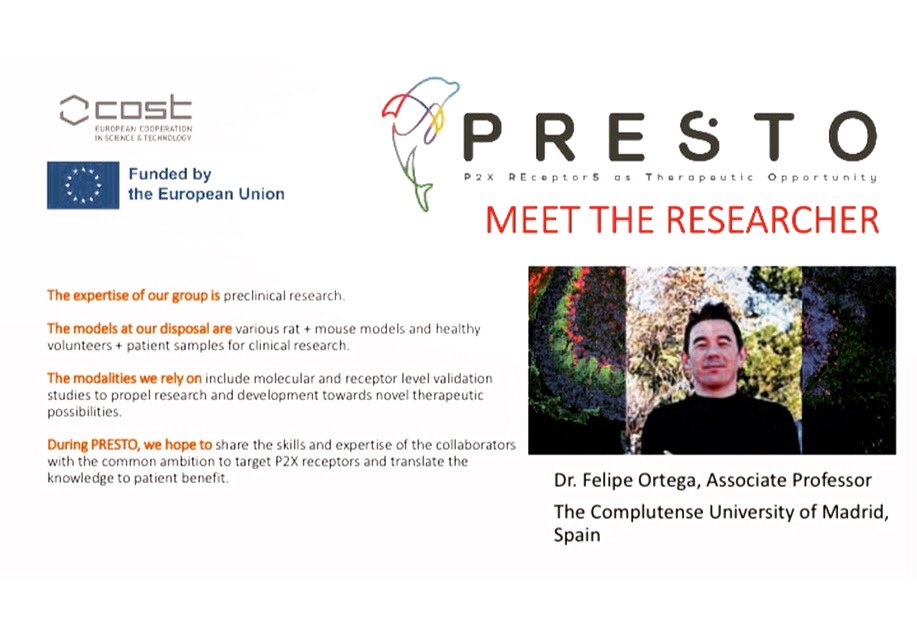 prestocostcomms's tweet image. Our August ‘Meet the researcher’ is Dr Felipe Ortega from the University of Madrid, Spain #PRESTO #prestocost2023  #p2xreceptors #therapeutictargets #eucostfunding