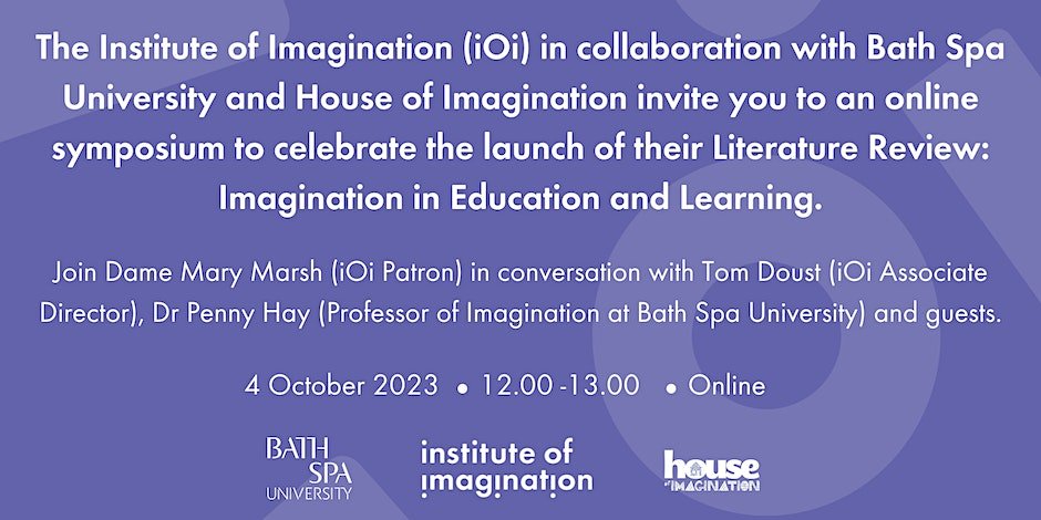 Join us for an Imagination Symposium 4th Oct 12-1pm online, celebrating the power of imagination and its capacity to support young people’s learning. Dame Mary Marsh will be in conversation with @intelispace @ImaginationLdn @PenAHay @BathSpaUni eventbrite.co.uk/e/a-symposium-…