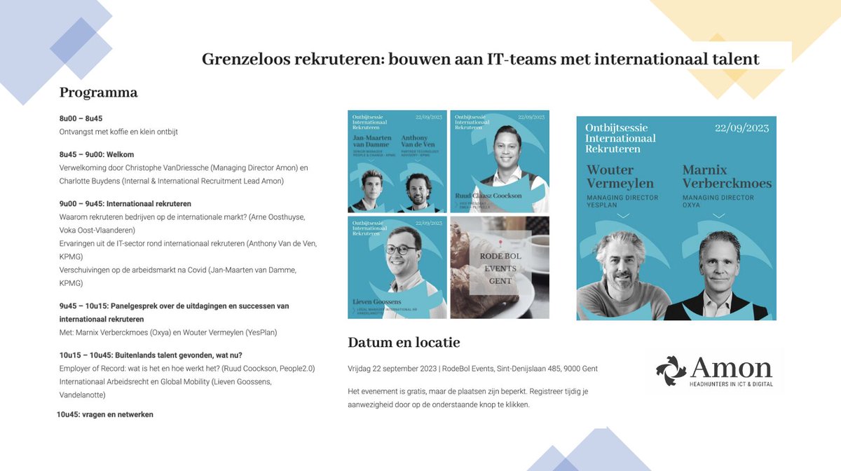 🌏 De uitdagingen en successen van internationaal rekruteren? Daar vertellen experts en Charlotte Buydens je alles over tijdens onze ontbijtsessie  (22 sept). In een panelgesprek delen we ook unieke inzichten. <a href="/Amon_be/">Amon</a> 
💡 Wil je erbij zijn?  lnkd.in/eZiBtisf
