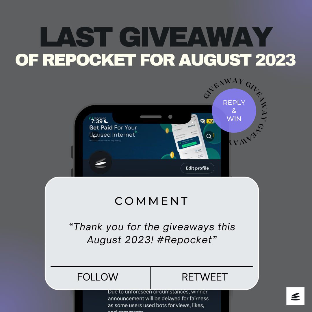 Never won anything? We got you! 😉

Mechanics
1️⃣ Comment "Thank you for the giveaways this August 2023! #Repocket" 
2️⃣ Follow us and retweet 
3️⃣ 4 winners, $20 prizepool

Ends on Sept 1. Good luck!  🎉

#Repocket #EarningApp #Giveaways