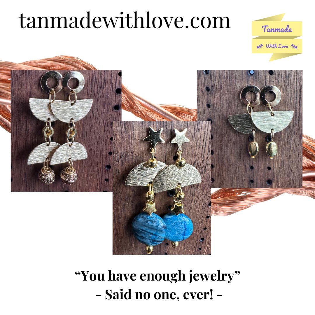 Brand New Earrings
I have two pairs on the left, and one pair only of the ones right and centre (apatite).
#numonday #numondayseller #tanmadewithlove #handmade #handmadejewellery #shophandmade #shoplocal #supportsmallbusiness #lichfield #earrings #gold #goldenearrings #apatite
