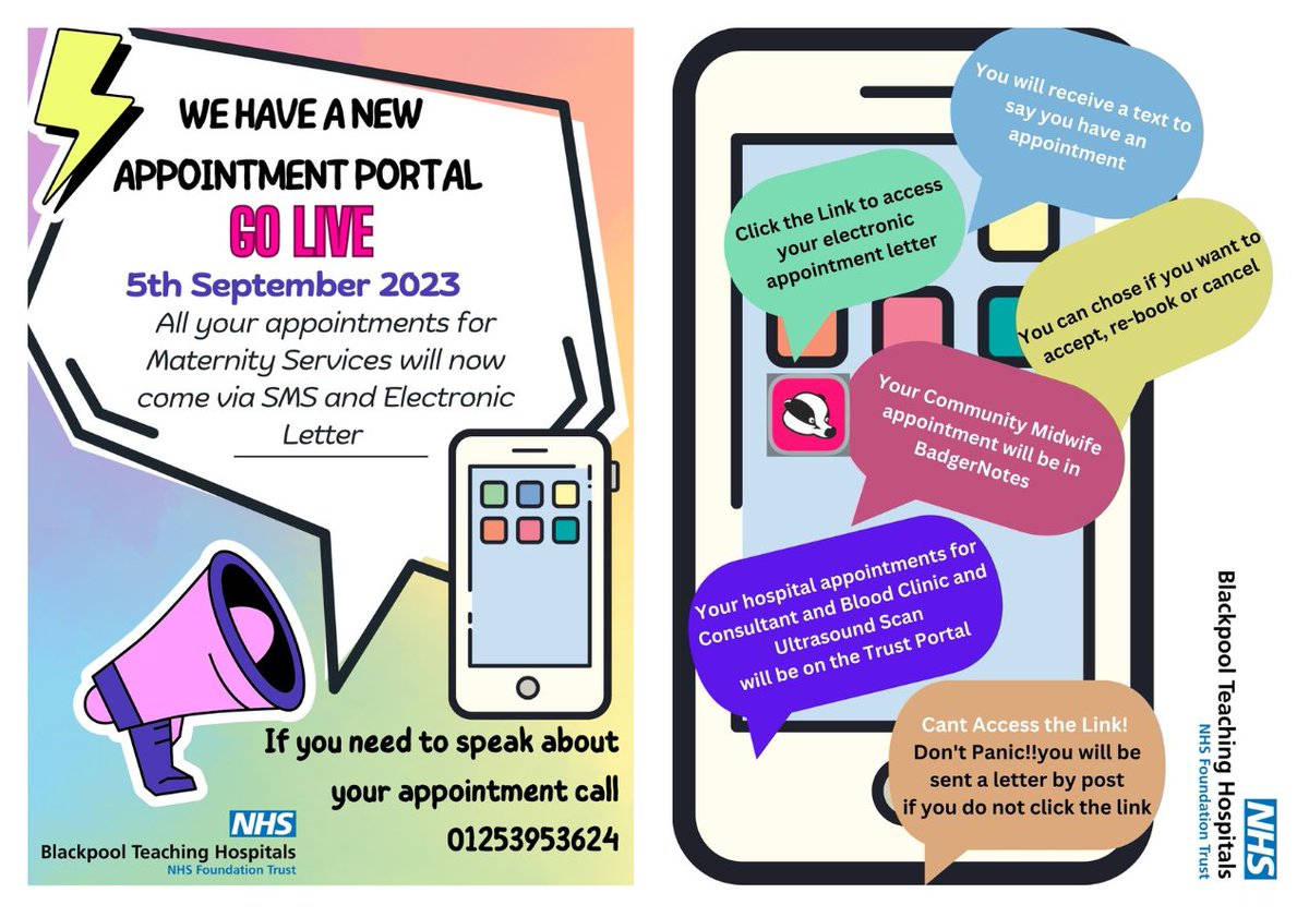 BTHTransformat1's tweet photo. The Transformation Team have been working with Maternity Services for all patients to receive their appointments digitally via Patient Portal. 

📢This will be LIVE from the 5th September 2023. 

Making your pregnancy journey easier with BTH. 🌈
#TeamTransformation #TeamBTH https://t.co/JjDkGS41Dt