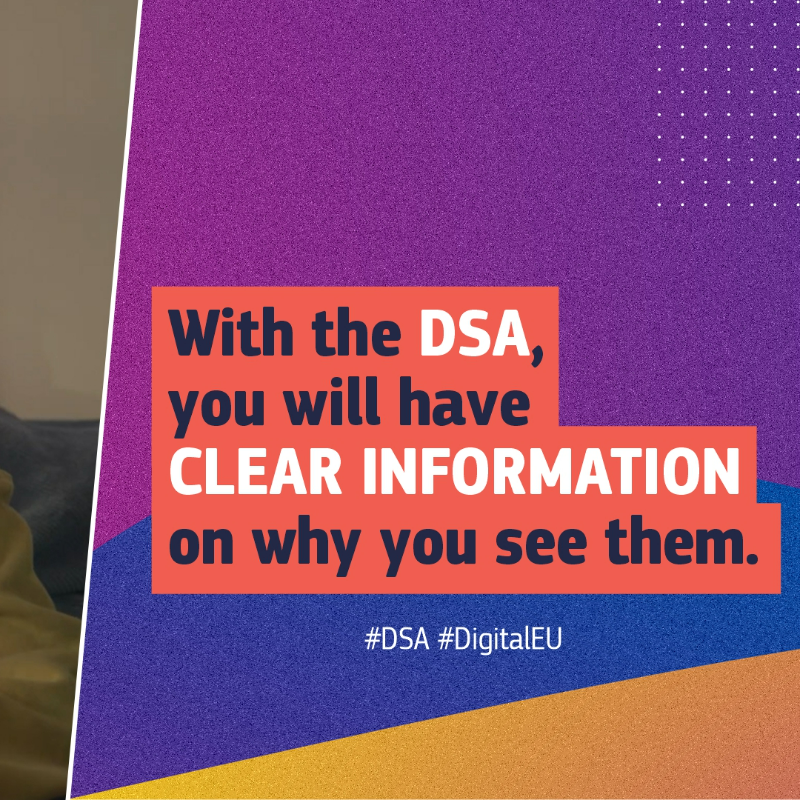 EU_Commission's tweet photo. More control of what you see and a safer online space across the EU.

The Digital Services Act:

⛔️ ensures online platforms are held responsible for tackling illegal &amp; harmful content 
🛡️ better protects internet users 
🚀 helps smaller platforms grow 

#DigitalEU