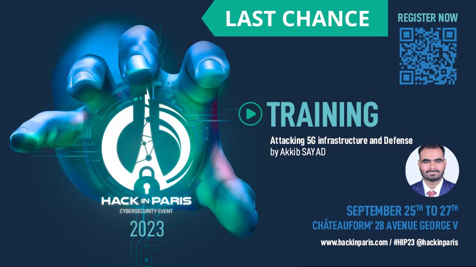 🚨Get 20% off on the trainning  “ATTACKING 5G INFRASTRUCTURE AND DEFENSE BY TOOLSWATCH” by Akkib Sayad 
<a href="/ToolsWatch/">---__---</a> in adding the code: LATEBIRDHIP23*
during HIP for their 3-day training course
📆September 25th to 27th
📍 Châteauform'28 George V, Paris
➡️ ow.ly/M45S50PCMQh
