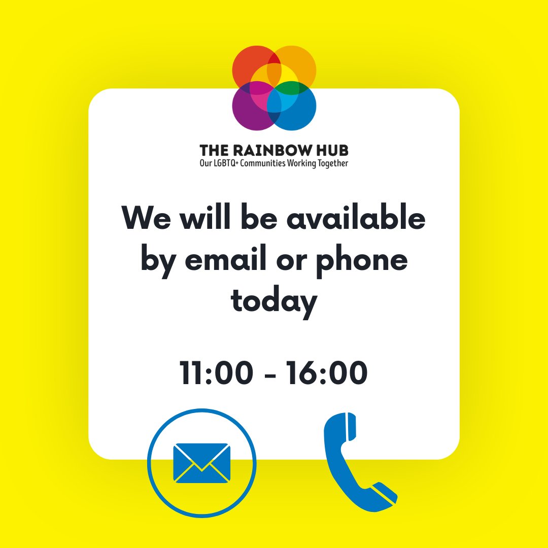hub_rainbow's tweet photo. Hi! Unfortunately we won't be available for walk-in's in our office space today. We will however be available by email or phone today for any advice, support, or to report a hate incident. 

report@therainbowhubbrighton.com
07714 782585 https://t.co/OhN8hfVrtf