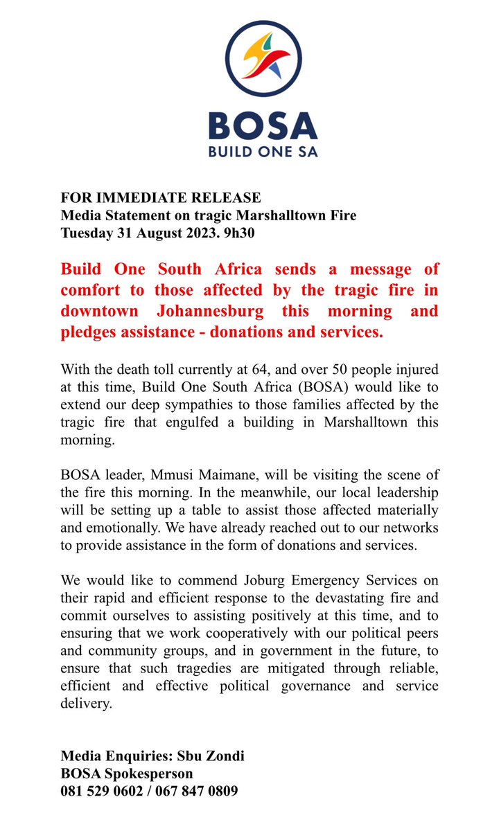 ‼️Media Statement‼️#MarshallTownFire 

Build One South Africa @BuildOneSA sends a message of comfort to those affected by the tragic fire in downtown Johannesburg this morning and pledges assistance - donations and services.