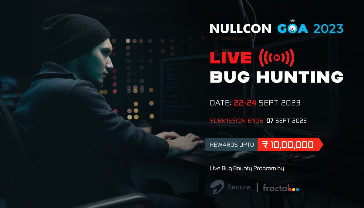 Hey #bughunters! 🟢Application for Private Live Bug Hunting is now open

Rewards upto ₹10,00,000 | 🎯Target to hunt #vulnerabilities provided by <a href="/airtelindia/">airtel India</a> &amp; <a href="/fractalai/">Fractal</a> 

Apply before 7th Sep➡️rebrand.ly/Livebughunting

#NullconGoa2023 #bughunting #Infosec #Conference