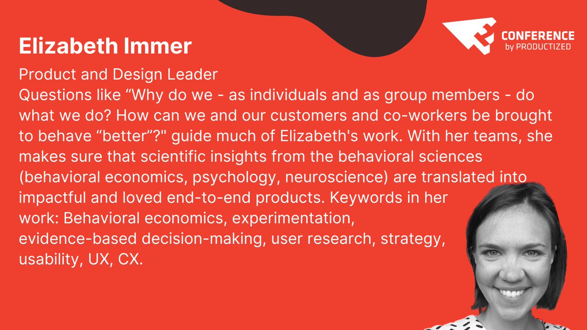 ProductizedConf's tweet image. Join Elizabeth Immer at her workshop &quot;Better Products through Behavioral Design&quot; on October 11 at Productized Conference 2023! #Productized23 #SummerPosts #VacationVibes #BusinessInSummer