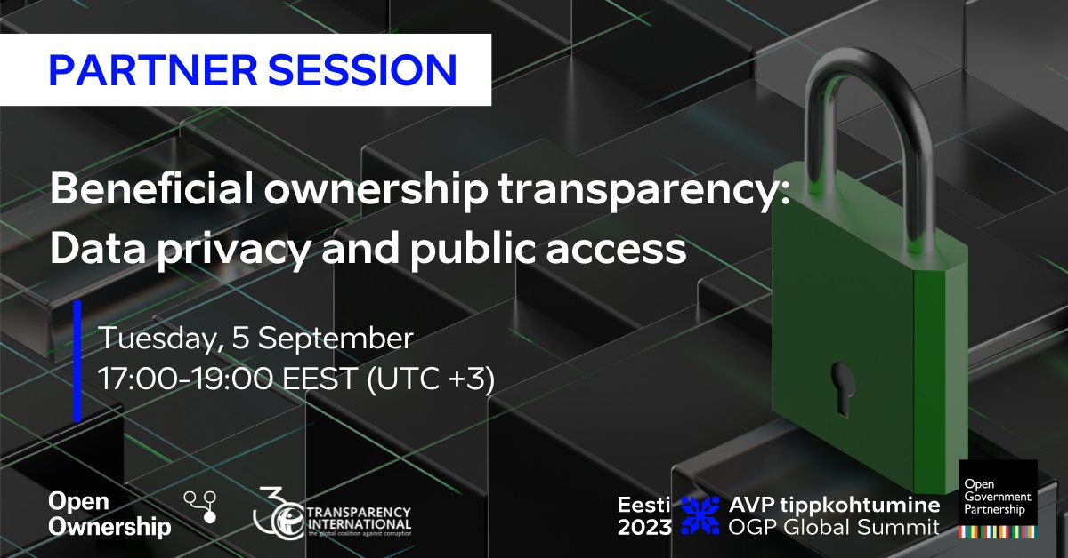 👋 Are you attending #OGPEstonia next week? Come join our session with <a href="/OpenOwnership/">Open Ownership</a> to discuss the relationship between data privacy and public access to beneficial ownership data.

📅 5 September, 17:00-19:00 EEST

Register here ➡️ anticorru.pt/2PT