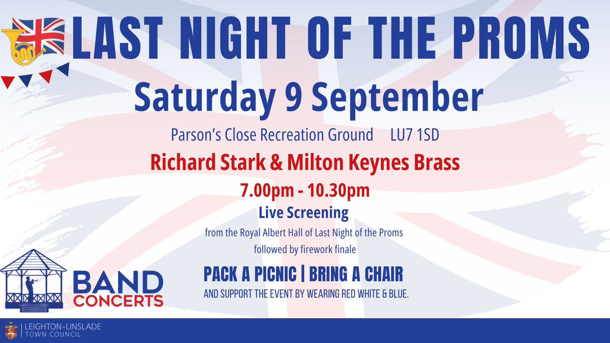 Our last afternoon concert of the Music in the Park events takes place on Sunday with Last Night of the Proms on  Saturday 9th Sept from 7pm with firework finale. 

#Leighton #Linslade #LeightonLinslade #centralbedfordshire #bedfordshire #proms