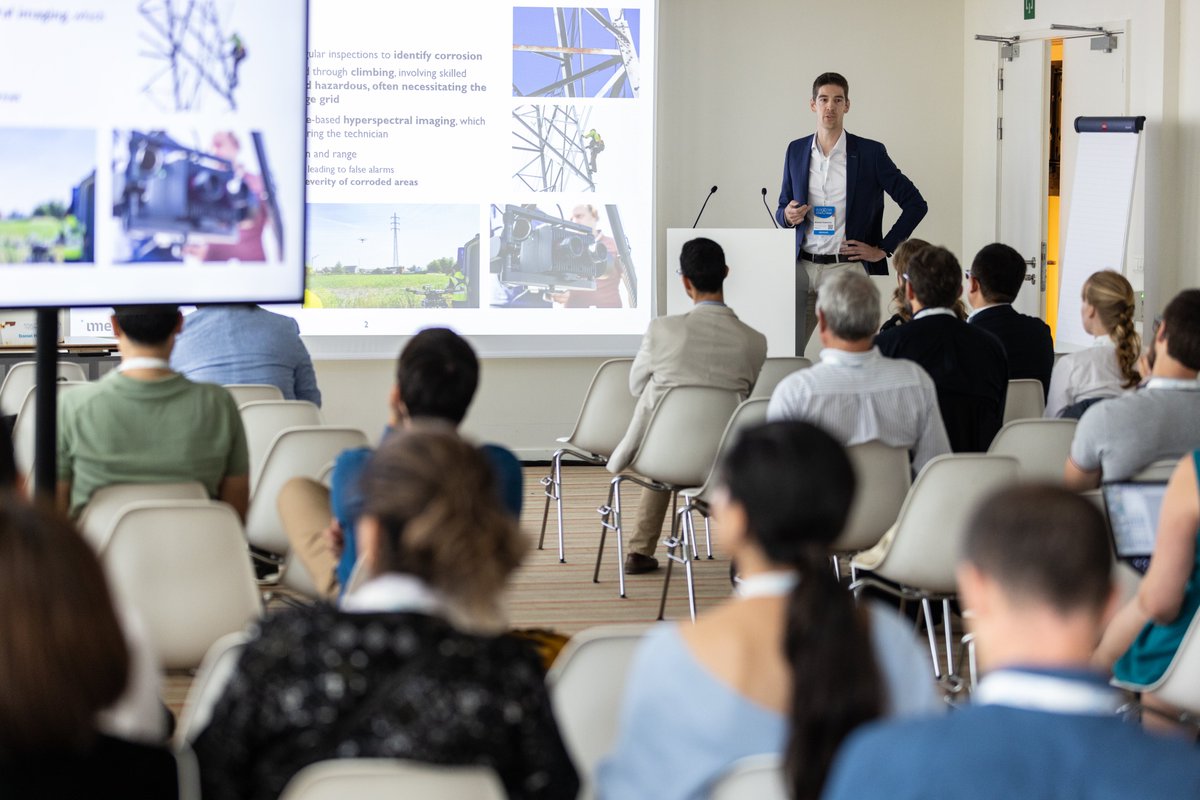 URC_UGent's tweet photo. On Monday, @michielvlaminck presented our work on corrosion detecting using hyperspectral imaging for drone-based inspection of electrical pylons at #EUROCORR2023. A fruitful collaboration between @imec, @UAntwerpen and @eliacorporate. https://t.co/EP0DskfvVV