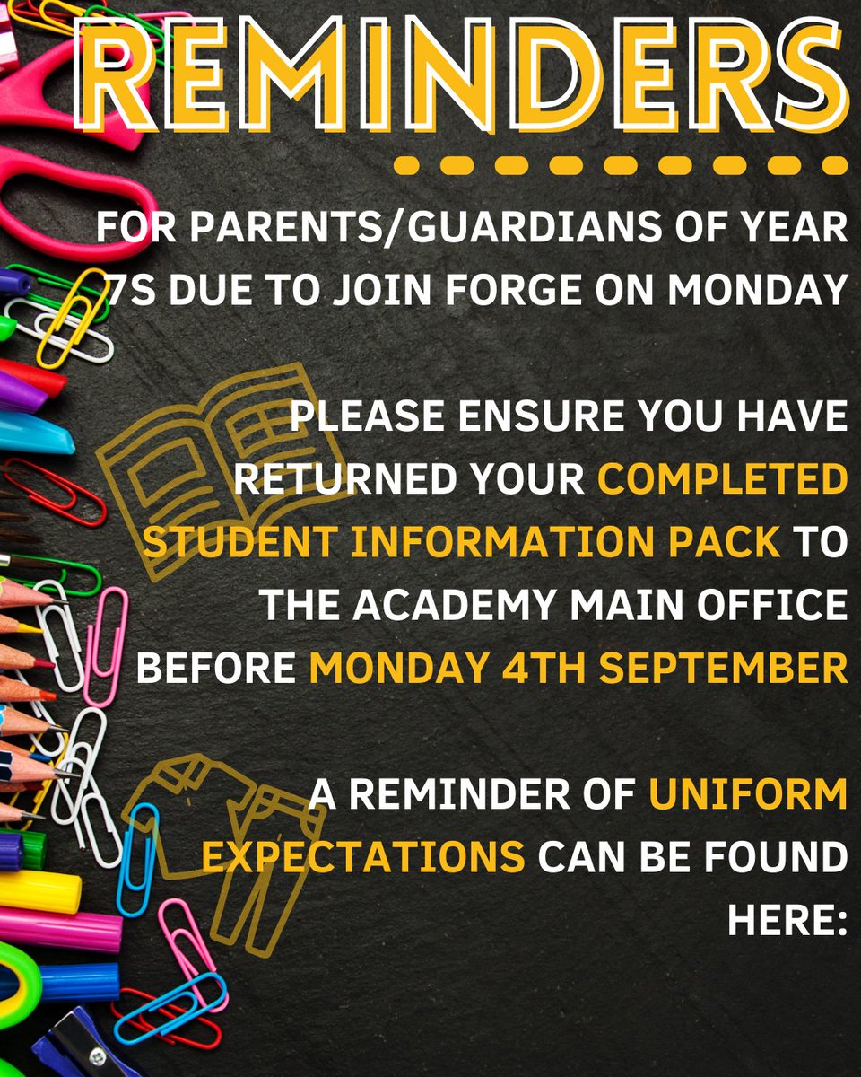Looking forward to welcoming you all back on Wednesday &amp; Thursday! Please see reminders and uniform expectations here: ormistonforgeacademy.co.uk/for-students/u…