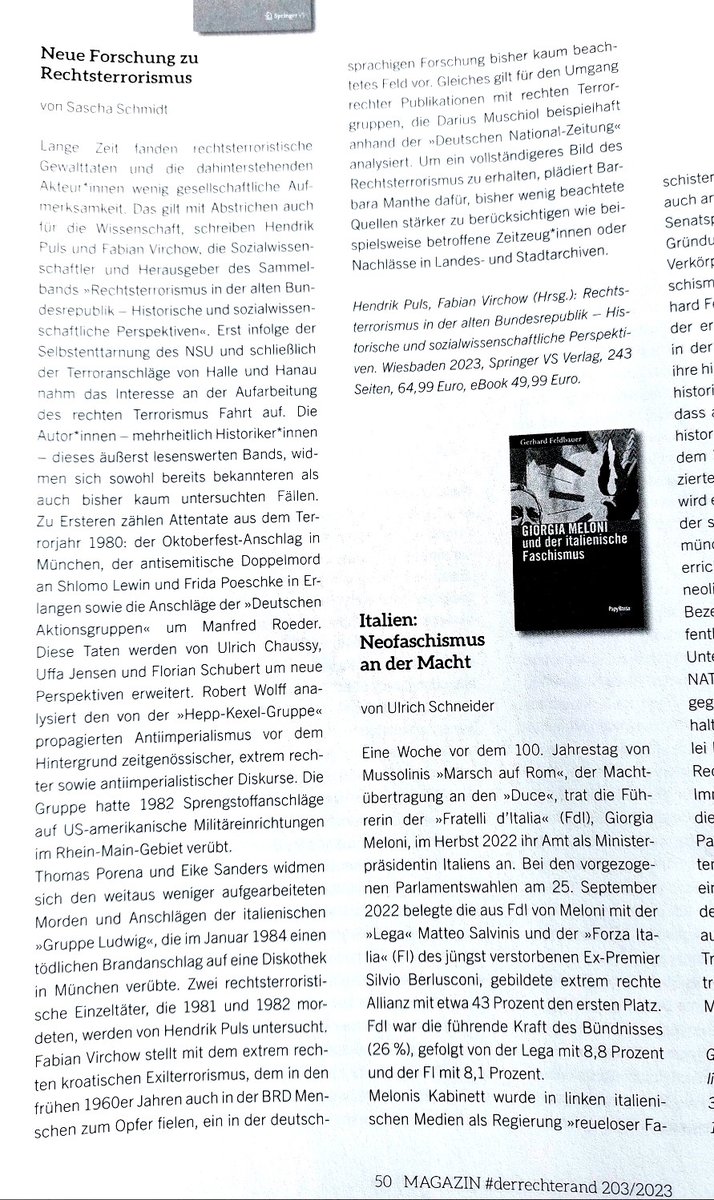 nfg020's tweet photo. Der Sammelband "Rechtsterrorismus in der alten Bundesrepublik" von @VirchowFabian und Hendrik Puls ist im @lotta_magazin und in @derrechterand positiv besprochen worden. #rechterterror #rechtegewalt https://t.co/r7tLvCQ3Zg