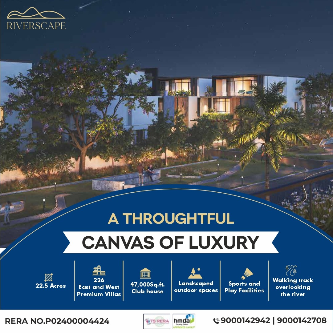 Where luxury meets nature's embrace - Welcome to Riverscape!
A masterpiece of thoughtful elegance.
Elevate your living with sports, play areas, and a serene river-view walking track.

Contact us at 9000142942 or 9000142708 to experience the art of exquisite living.