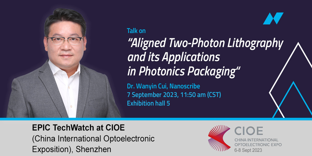 NanoscribeGmbH's tweet photo. Dr. Wanyin Cui presents Aligned Two-Photon Lithography (#A2PL) for #photonicspackaging at @EPICassoc #TechWatch during @CIOE_Shenzhen. Discover our #3D #Microfabrication capabilities for PICs, fibers, and chips. Learn more 👉 https://t.co/tFA10r7bZK https://t.co/tLsvNZY7fh