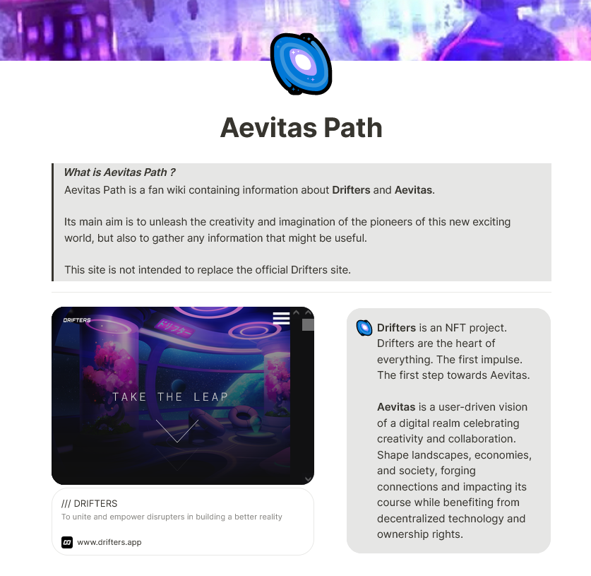 LTKzY's tweet photo. Hey Fam 👋
Yesterday I uploaded a wiki dedicated to @drifters_nft Universe!
https://t.co/b18HeHZb5f
If you want to Take the Leap have a look! 🌌
Only few details are compiled atm, but exclusive stories will be added as time goes by!
#AevitasVanguard #here2boost #MultiversX https://t.co/TrYNYBxiDf