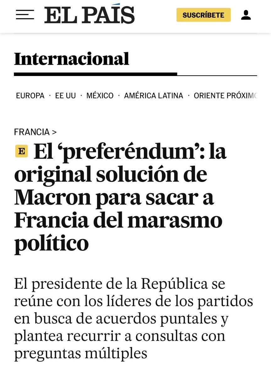 Jorgebuxade's tweet photo. Si lo plantea Macron, original.
Si lo plantea Santiago Abascal, al amparo y con los claros límites del art. 92 CE, silencio político y mediático. #DecideLoQueImporta
El problema de España desde hace décadas son sus “élites”; un coto cerrado para conservar privilegios.
Oligarquía mediática, política, financiera. ¡Demos la voz al pueblo español en materia de inmigración, seguridad, agua, energía, gasto político, gestión de datos!