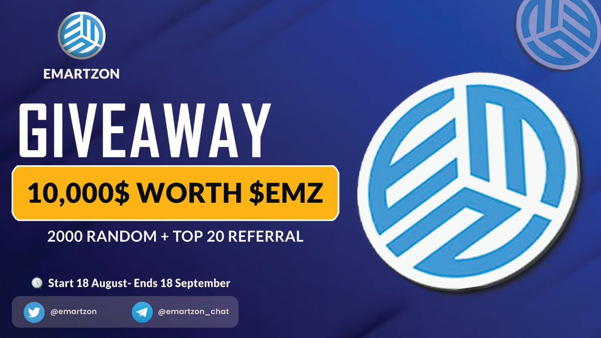 🚨 Airdrop: Emartzon (EMZ)
🔥 Prize Pool: $10,200 worth of EMZ
🏆 Winners: 2000 Random &amp; Top 20
📅 End Date: 18th September 2023
🚀 Distribution: TBA

ℹ️ Airdrop Link: gleam.io/2Ebgn/emartzon…