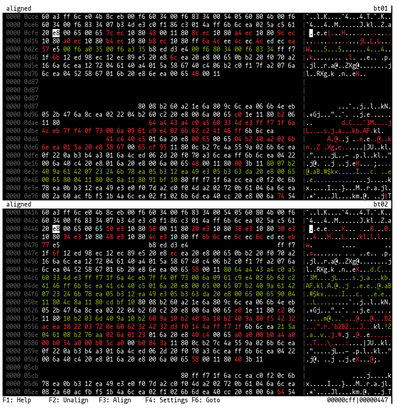 BioDiff: Compare binary files using alignment algorithms.

Interesting: note the skipped gaps in the compared displays!