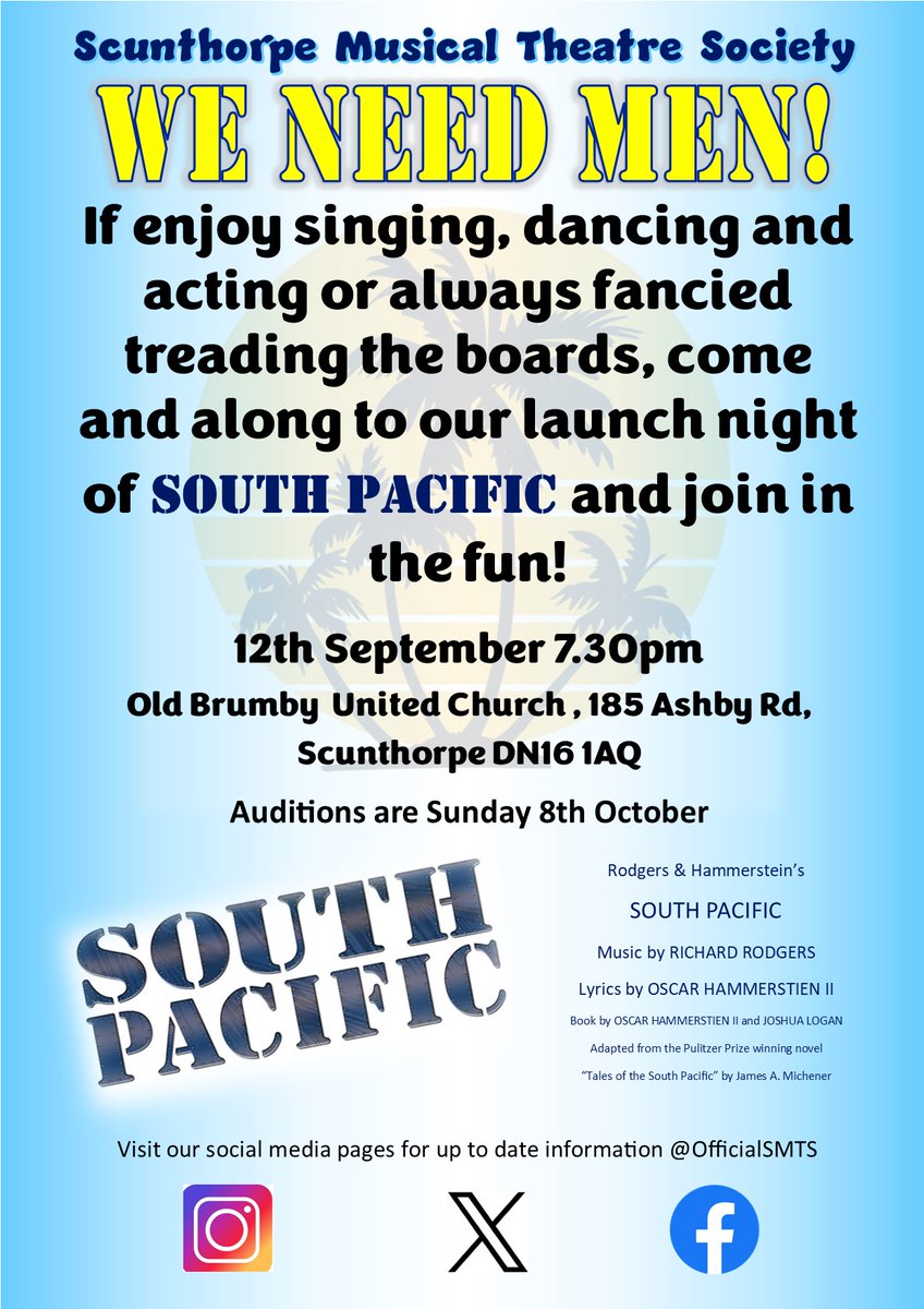 For all you male budding actors out there - Read our poster below and join us at our launch night of South Pacific!
#southpacific #officialsmts #musicaltheatre