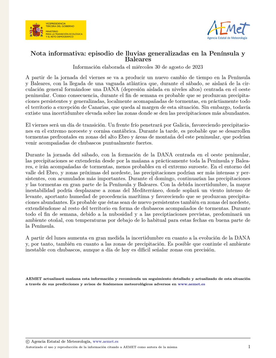 Aviso de lluvias generalizadas en toda la Península para este fin de semana ☔