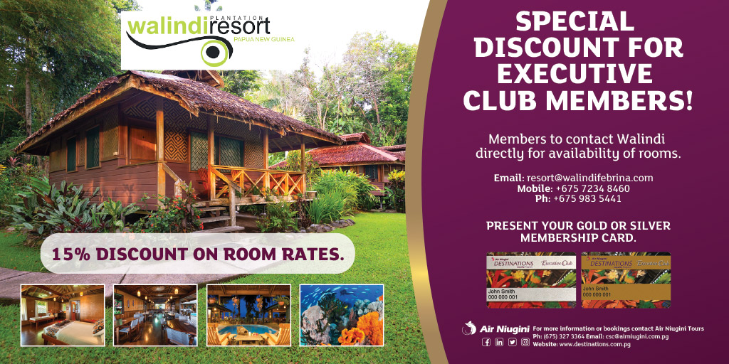 Air Niugini's Executive Club members have the privilege of availing a 15% DISCOUNT when you stay at Walindi Plantation Resort!
For more information, contact the Executive team or Visit: destinations.com.pg
#pxexecutiveclub #walindiresort #pngtourism #domestictravel